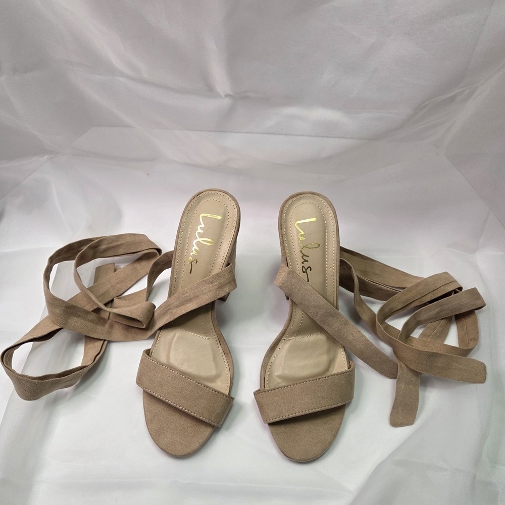Lulus Alta Light Nude Faux Suede Lace-Up Heels Sz 7.5 Chic Flirty Party Feminine
